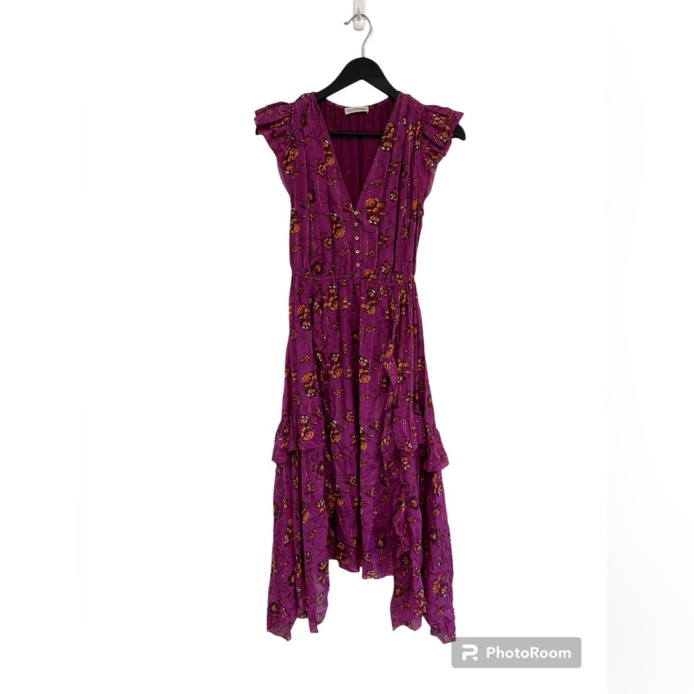 Ulla Johnson Short Sleeve Purple Floral Midi Dress Shark bite Hem Ruffle V-neck